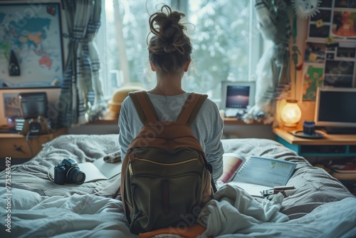 Woman Planning a Journey in Cozy Bedroom photo
