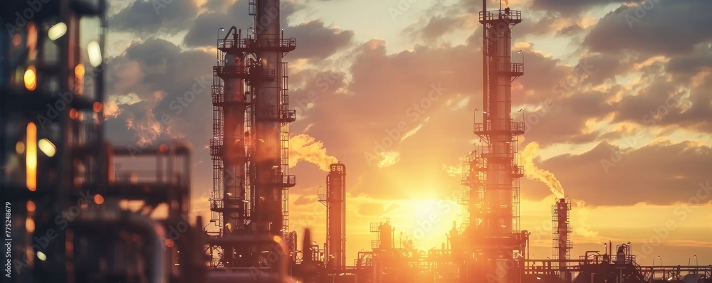 Majestic industrial landscape silhouette against a dramatic sunset sky, depicting energy sectors, pollution concept Majestic industrial landscape silhouette against a dramatic sunset sky, depicting energy sectors, pollution concept