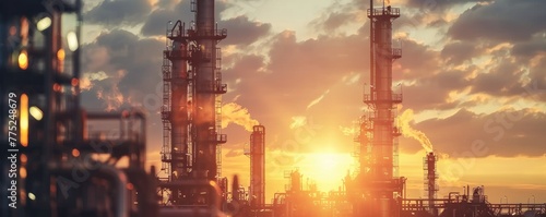 Majestic industrial landscape silhouette against a dramatic sunset sky, depicting energy sectors, pollution concept