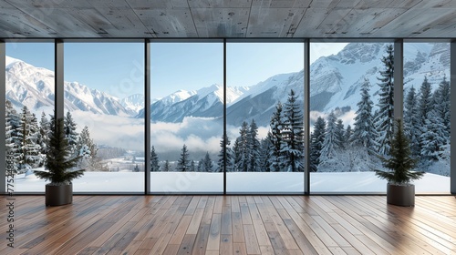 Empty Room With Large Windows Overlooking Snowy Landscape