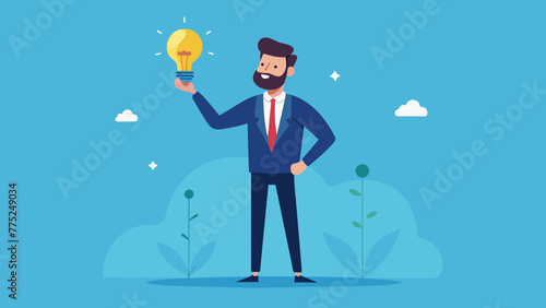 Happy businessman with a lightbulb finding solution, Сreativity and innovation concept vector illustration