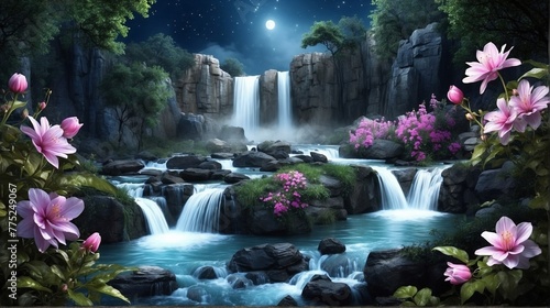 Digital Illustration of Exotic Waterfalls in The Forest at Night Views 