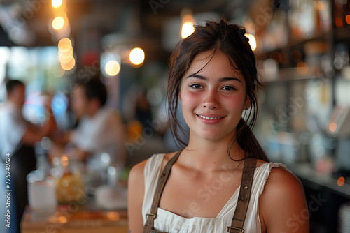 Young waitress woman at bar, portrait indoors one person adult