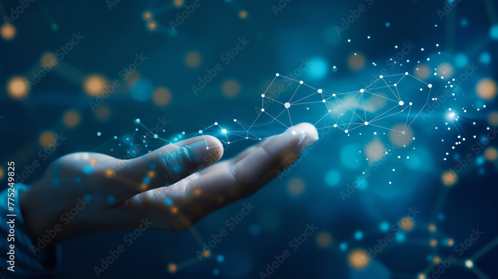 Hand holding graph with sales growth arrows, from dots and lines, minimalist style, blue hi-tech background, free space for text. Hand holding graph with sales growth arrows, from dots and lines, minimalist style, blue hi-tech background, free space for text.