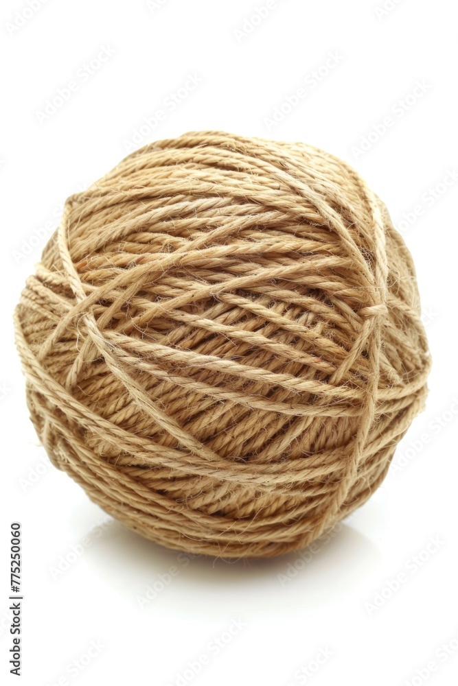 Natural Hemp String Ball Isolated on White Background for Crafts & More: Brown Cord Material Natural Hemp String Ball Isolated on White Background for Crafts & More: Brown Cord Material