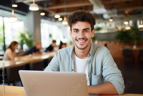 Generative AI photo of smiling handsome man teacher in cafe