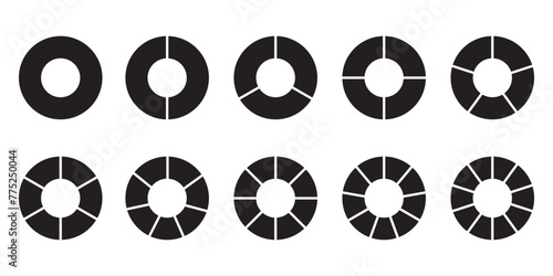 Segments on Divided circle set of  10 piece. Circles with sections set, black feel pie charts with divisions, diagram collection, Hollow circle divided in ten parts