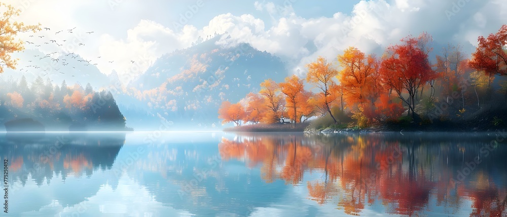 A serene landscape with a calm lake reflecting the colorful autumn trees creating a picturesque scene. Concept Nature Photography, Autumn Colors, Reflections, Landscape Scenes, Serene Beauty