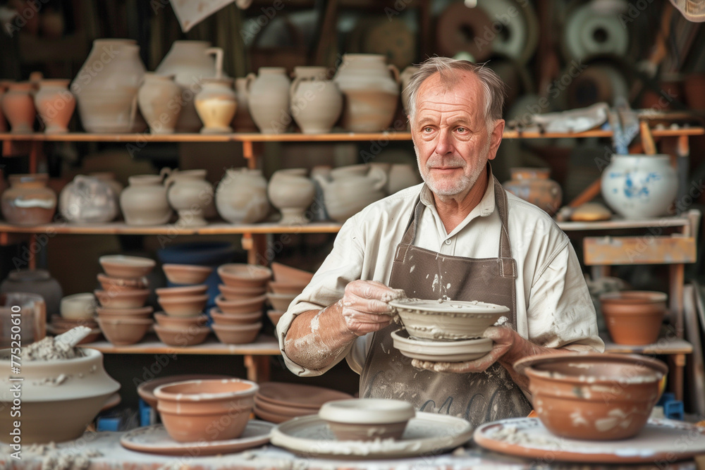 Potter in his workshop, creativity spinning mud jug Potter in his workshop, creativity spinning mud jug