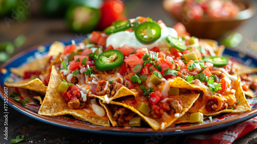 Plate of nachos with toppings