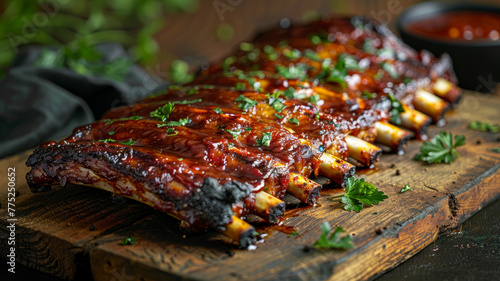 Barbecued ribs on a wooden board.