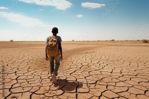 Back view of a lone person with a backpack walking across a desolate cracked earth, depicting a journey of endurance. Person Walking on Vast Cracked Earth