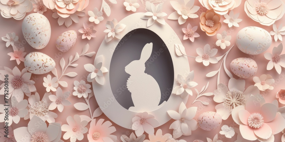 A bunny figurine made of porcelain inside an eggshaped dishware, surrounded by easter eggs and natural material flowers. Creative arts meets serveware in a festive event setting AIG42E - obrazy, fototapety, plakaty 