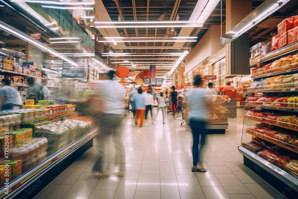 Obraz premium Blurred Motion: Interior of a Supermarket, Capturing the Hustle and Bustle of Shoppers and Staff in Motion Amidst the Aisles