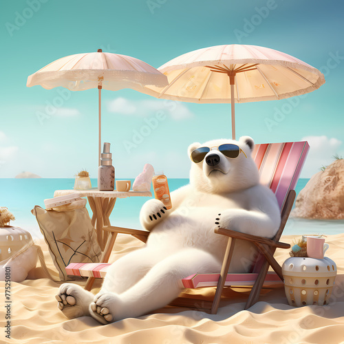 Vacation Mode: Polar Bear in Sunglasses Sips Juice on a Beach Lounge - Perfect for Mixing Humor and Climate Change Topic	