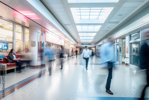 lurred Motion: Active Hospital Corridor, with Patients and Healthcare Professionals in Motion, Illustrating the Dynamic Environment of Medical Care. © Tigarto