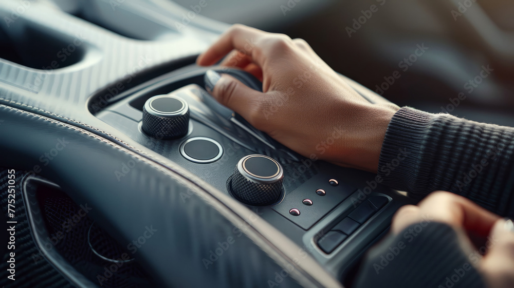 Close-up of a hand adjusting car controls Close-up of a hand adjusting car controls