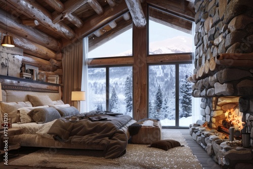 Rustic Charm. Luxurious Cabin Interior with Roaring Fireplace, Winter Scenic Background, and Inviting Bedroom Design. Realistic 3D Model Photo