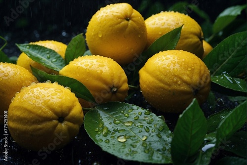 Close-Up of a Group of Lemons with Leaves, Vivid Fresh Colors, Sweet, Drops