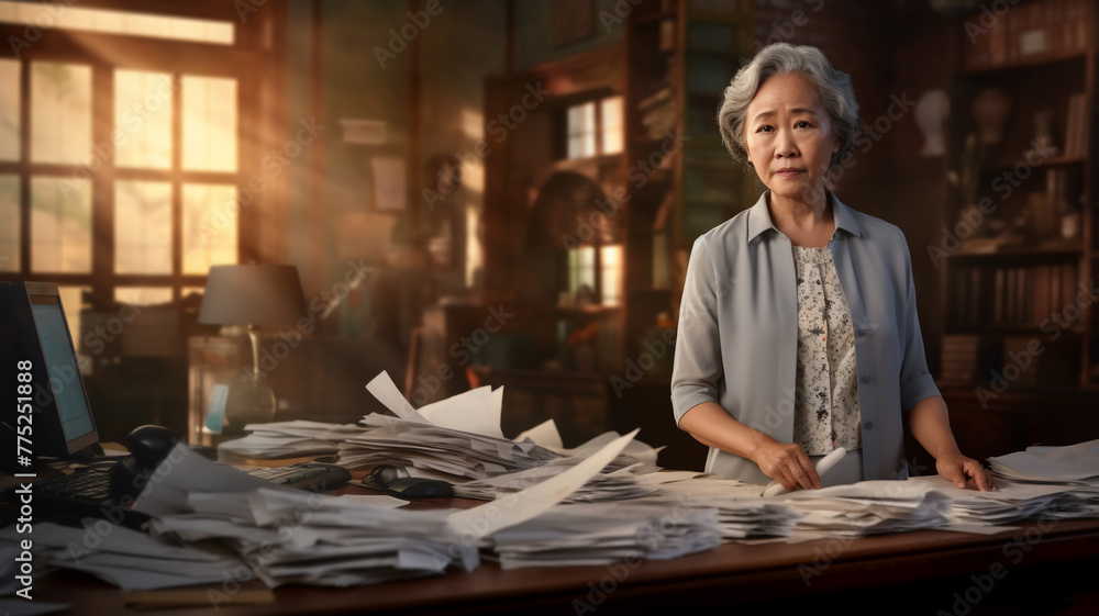 A tired and frustrated elderly and Asian business woman is standing in front of her wooden office desk with her hands crumbling a paper with side-lighting A tired and frustrated elderly and Asian business woman is standing in front of her wooden office desk with her hands crumbling a paper with side-lighting