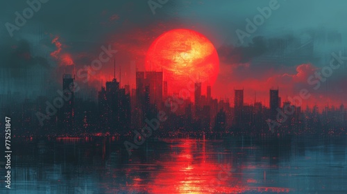 Futuristic cityscape with a red sun