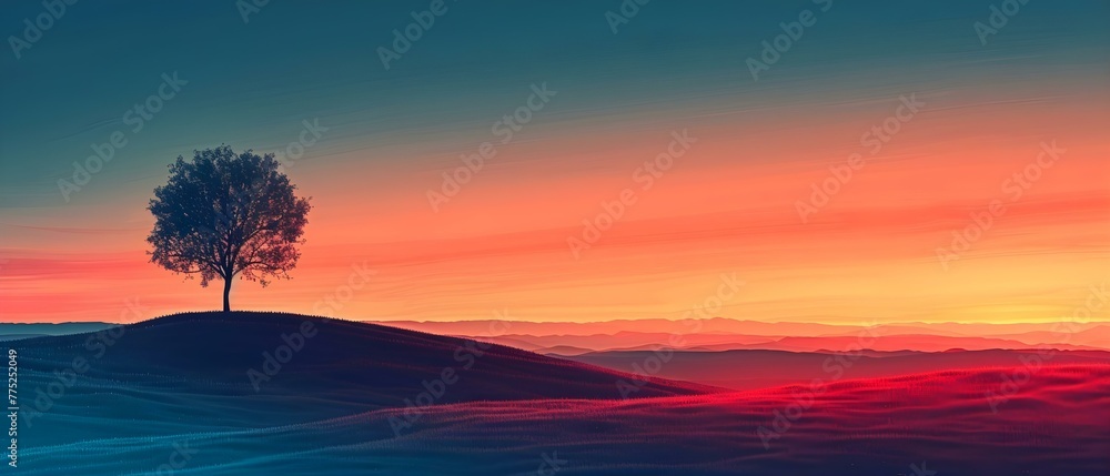 A solitary tree in a tranquil landscape under a vibrant sunset. Concept Nature, Sunset, Solitude, Landscape, Tree