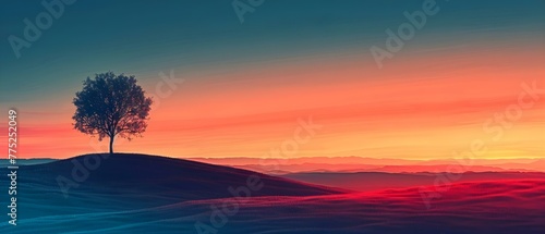 A solitary tree in a tranquil landscape under a vibrant sunset. Concept Nature  Sunset  Solitude  Landscape  Tree