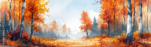 landscape of a mixed forest in the middle zone in bright autumn colors, watercolor illustration photo