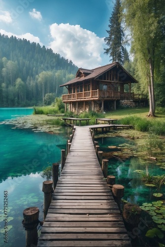 Wooden Bridge over a Pond, Beautiful House on the Shore of a Forest Lake