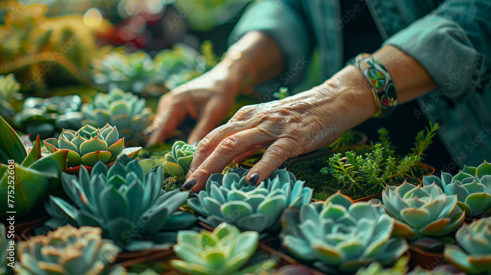 An elderly woman tending to succulents.