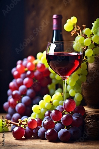 Glass of Red Wine and Grape Cluster. Vibrant Colors