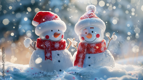 Festive Spirits Smiling Snowmen Adorned in Christmas Red © Char_mon