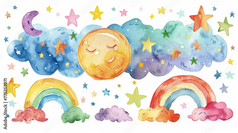 Colorful Watercolor Illustration with Rainbows, Clouds, and Stars Generative AI