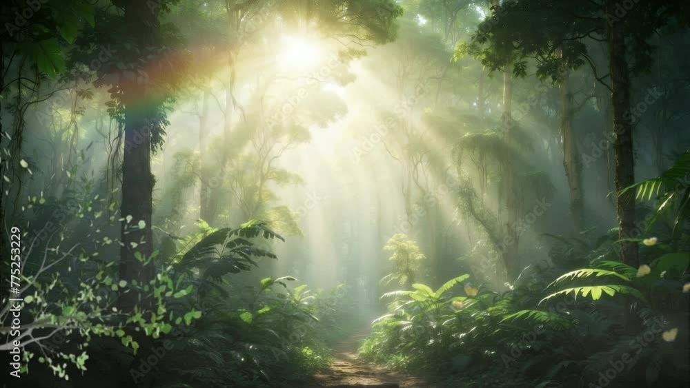 Dark rainforest, sun rays through the trees, rich jungle greenery. Atmospheric fantasy forest Dark rainforest, sun rays through the trees, rich jungle greenery. Atmospheric fantasy forest