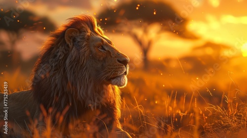 Male african lion at sunset, focus on mane, blurred acacia trees, wide angle shot
