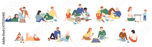 People Character Playing Board Games Spend Time Together Vector Set