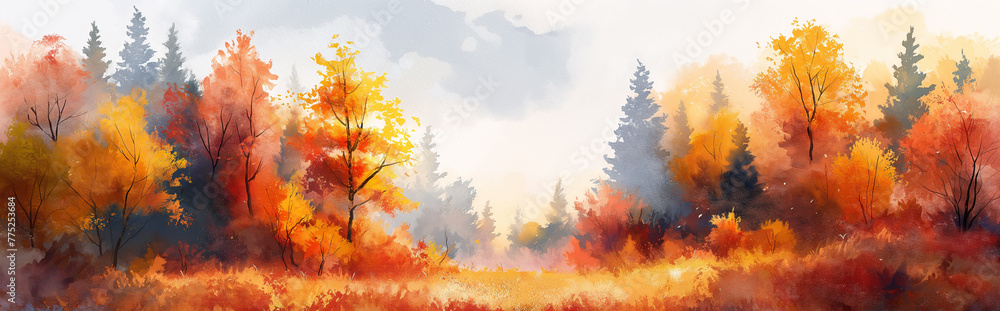landscape of a mixed forest in the middle zone in bright autumn colors, watercolor illustration