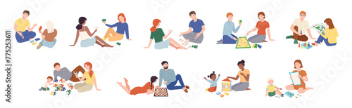 People Character Playing Board Games Spend Time Together Vector Set