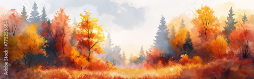 landscape of a mixed forest in the middle zone in bright autumn colors, watercolor illustration photo
