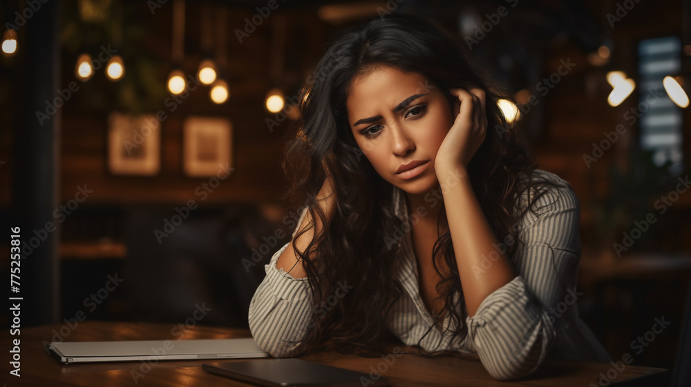 A tired and frustrated young adult and Latin business woman is sitting at her wooden office desk with her hands in her hair with side-lighting A tired and frustrated young adult and Latin business woman is sitting at her wooden office desk with her hands in her hair with side-lighting