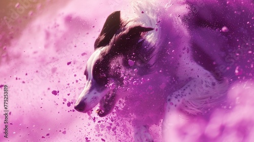  A majestic Border Collie mid-air, surrounded by a cascade of vivid purple powder, with the sun casting soft golden light on its fur
 photo