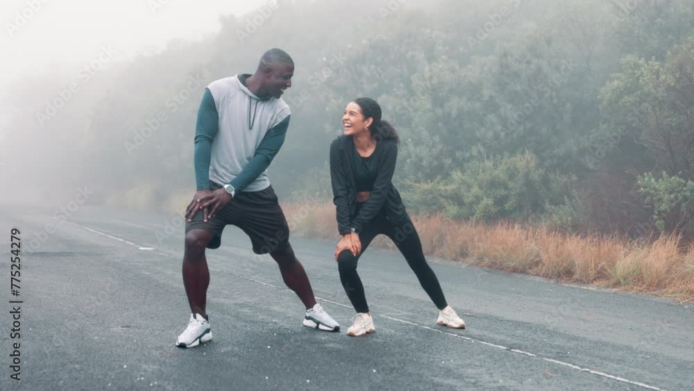 Man, woman and running stretching on mountain for exercise warm up in ...