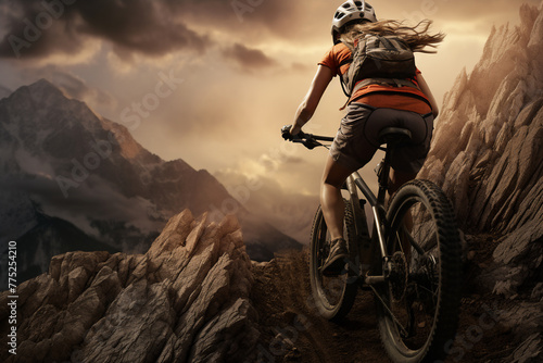 A stunning foto of a adult and Caucasian woman riding her bicycle on a rocky mountain, a backside portrait of a girl racing her mountain-bike on a dusty hillside full of rocks at sunset  © pangamedia