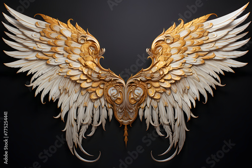 Embrace the enchanting sight of a pair of majestic gold wings and feathers, gracefully poised against a translucent canvas. Generative AI,