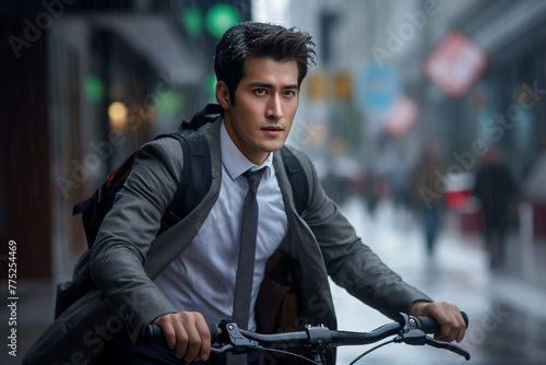 A beautiful young adult of Mongolianformal man riding his bicycle to work, a backside portrait of a guy commuting on a bicycle on a rainy day in an urban street at mid-day 