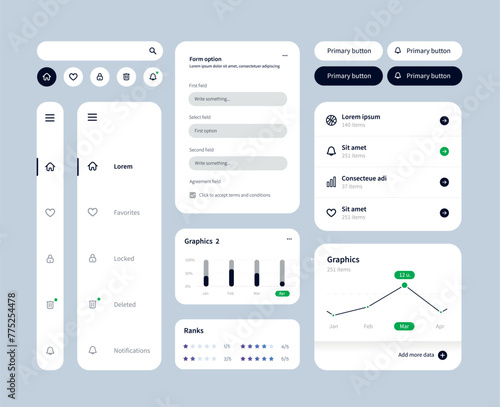 Big and improved ui kit for web designing, mobile apps with the different buttons, charts, diagrams, menu, search, tabs and others.