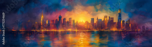 colorful night city with skyscrapers watercolor illustration