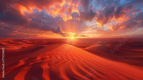 Realistic sunset over vast desert with intricate sand dunes, long shadows, golden hour lighting