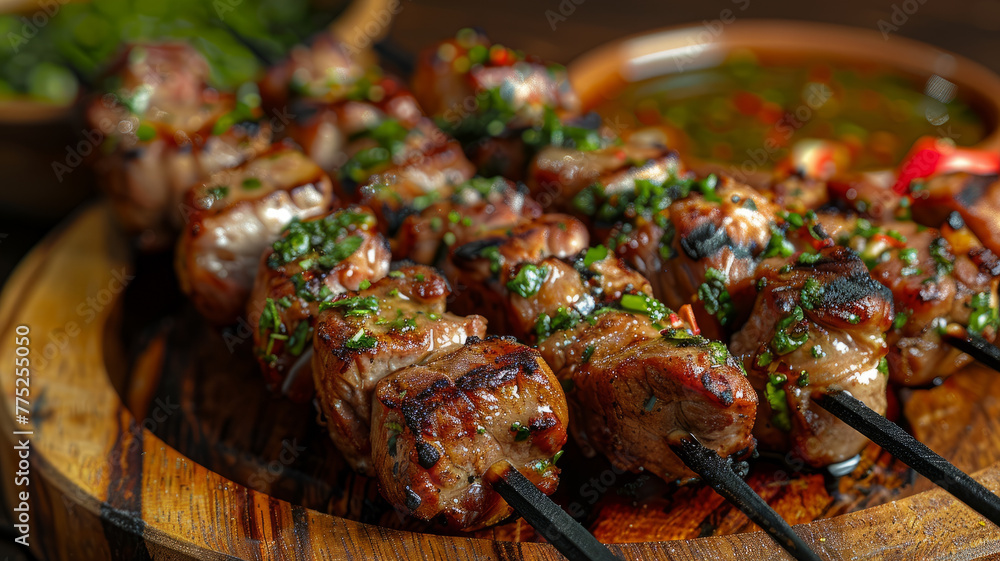 Grilled meat skewers on a wooden plate Grilled meat skewers on a wooden plate