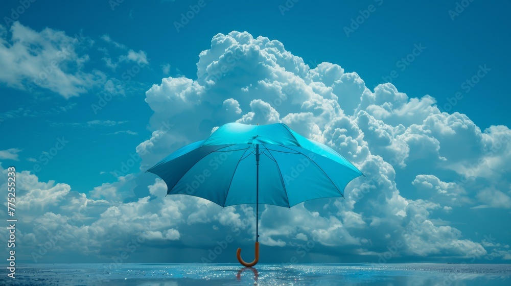 Blue umbrella floating above the sea under cloudy sky